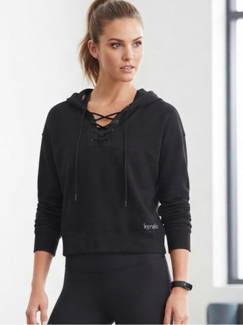 Kensie Black Lace-Up Hoodie Sweatshirt